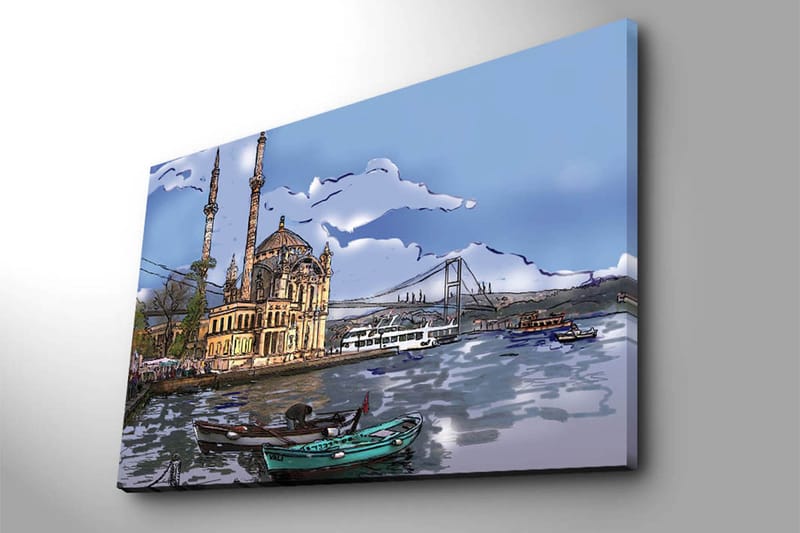 Lærred 70x100 cm - Smuk udsigt over en historisk bygning ved vandet med både i forgrunden og en bro i baggrunden - Blå / Beige / Grøn - Boligtilbehør - Billeder & kunst - Billeder på lærred