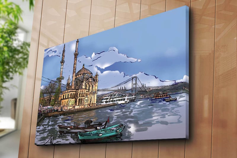 Lærred 70x100 cm - Smuk udsigt over en historisk bygning ved vandet med både i forgrunden og en bro i baggrunden - Blå / Beige / Grøn - Boligtilbehør - Billeder & kunst - Billeder på lærred