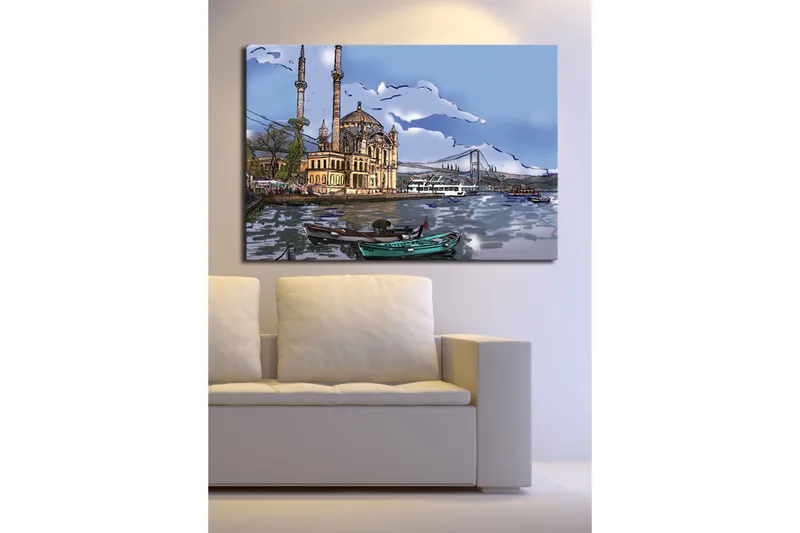 Lærred 70x100 cm - Smuk udsigt over en historisk bygning ved vandet med både i forgrunden og en bro i baggrunden - Blå / Beige / Grøn - Boligtilbehør - Billeder & kunst - Billeder på lærred