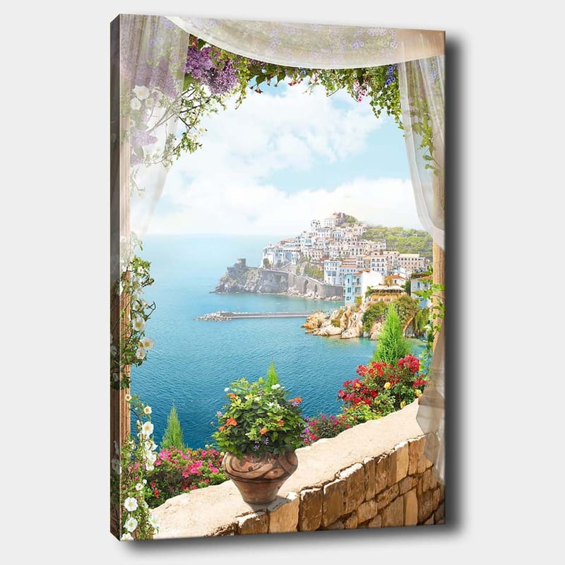 Lærred 70x100 cm - Smuk udsigt over en kystby med farverige huse og blomstrende planter, set gennem en åben vinduesåbning, Blå / Grøn / Hvid