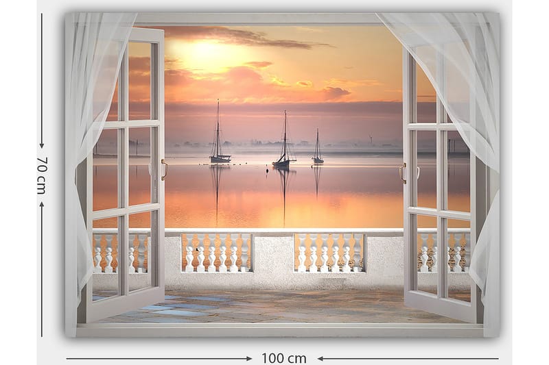 Lærred 70x100 cm - Smuk udsigt over en rolig sø med sejlbåde ved solnedgang - Lys orange / Pink / Lyseblå - Boligtilbehør - Billeder & kunst - Billeder på lærred
