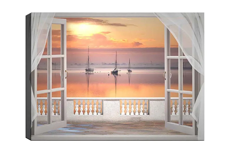 Lærred 70x100 cm - Smuk udsigt over en rolig sø med sejlbåde ved solnedgang, Lys orange / Pink / Lyseblå