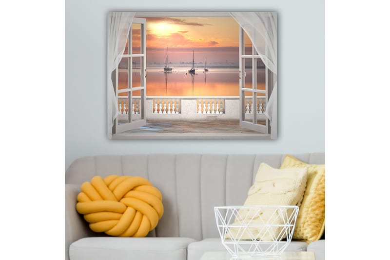 Lærred 70x100 cm - Smuk udsigt over en rolig sø med sejlbåde ved solnedgang - Lys orange / Pink / Lyseblå - Boligtilbehør - Billeder & kunst - Billeder på lærred
