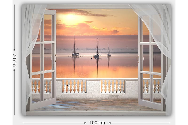 Lærred 70x100 cm - Smuk udsigt over en rolig sø med sejlbåde ved solnedgang - Lys orange / Pink / Lyseblå - Boligtilbehør - Billeder & kunst - Billeder på lærred