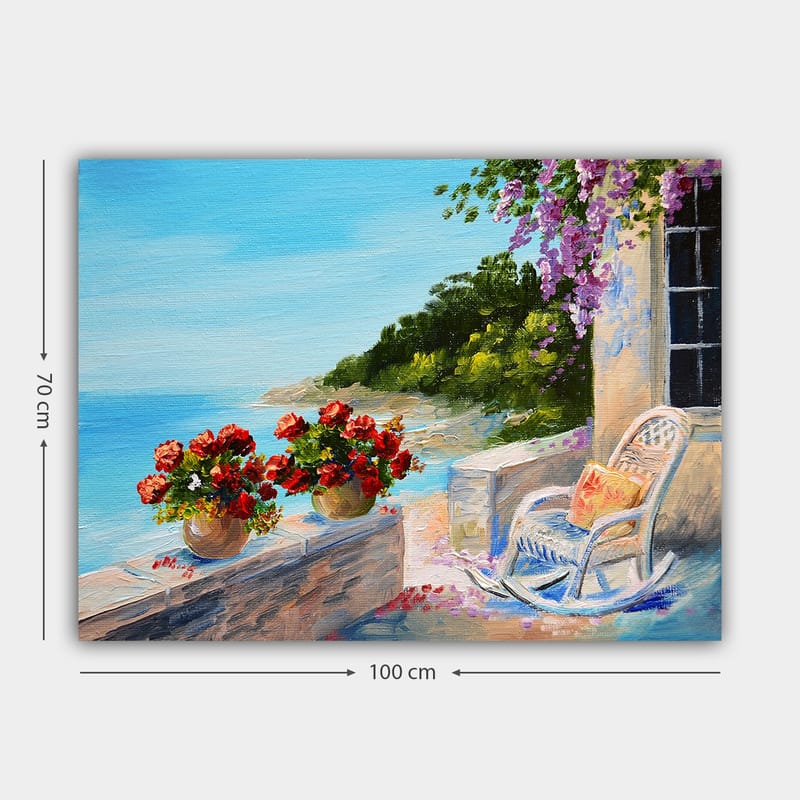 Lærred 70x100 cm - Smuk udsigt over havet med blomster i potter og en stol på en terrasse - Blå / Grøn / Rød - Boligtilbehør - Billeder & kunst - Billeder på lærred