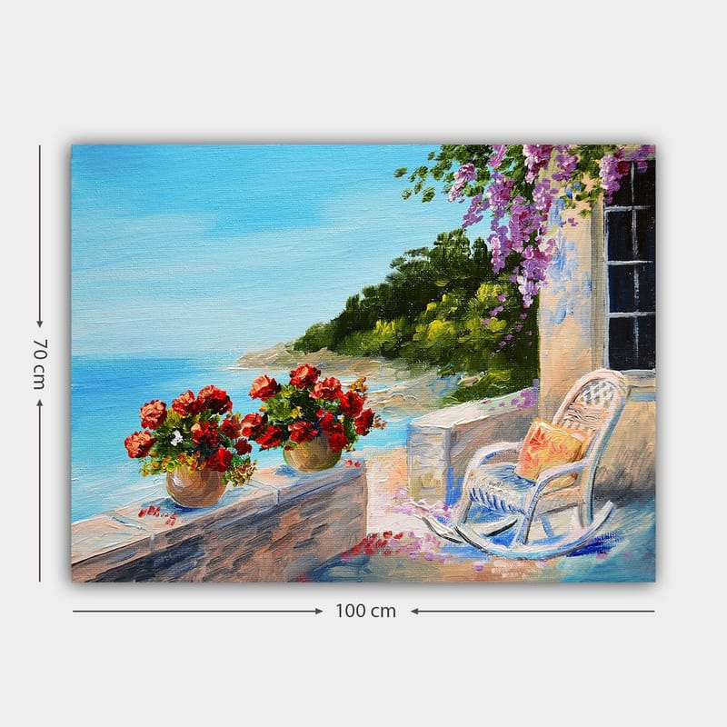 Lærred 70x100 cm - Smuk udsigt over havet med blomster i potter og en stol på en terrasse - Blå / Grøn / Rød - Boligtilbehør - Billeder & kunst - Billeder på lærred