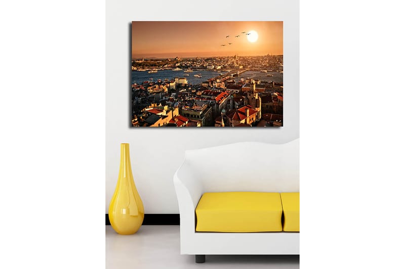 Lærred 70x100 cm - Smuk udsigt over Istanbul ved solnedgang, med hustage og både på vandet - Orange / Rød / Blå - Boligtilbehør - Billeder & kunst - Billeder på lærred