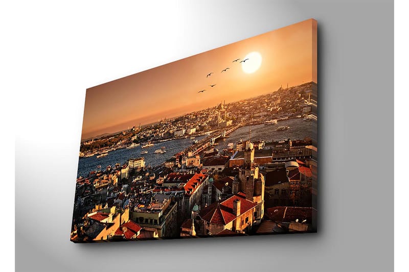 Lærred 70x100 cm - Smuk udsigt over Istanbul ved solnedgang, med hustage og både på vandet - Orange / Rød / Blå - Boligtilbehør - Billeder & kunst - Billeder på lærred