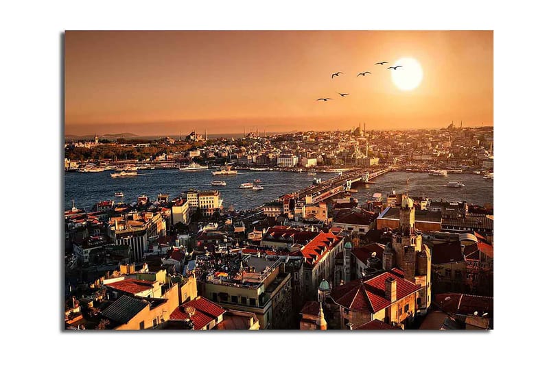 Lærred 70x100 cm - Smuk udsigt over Istanbul ved solnedgang, med hustage og både på vandet, Orange / Rød / Blå