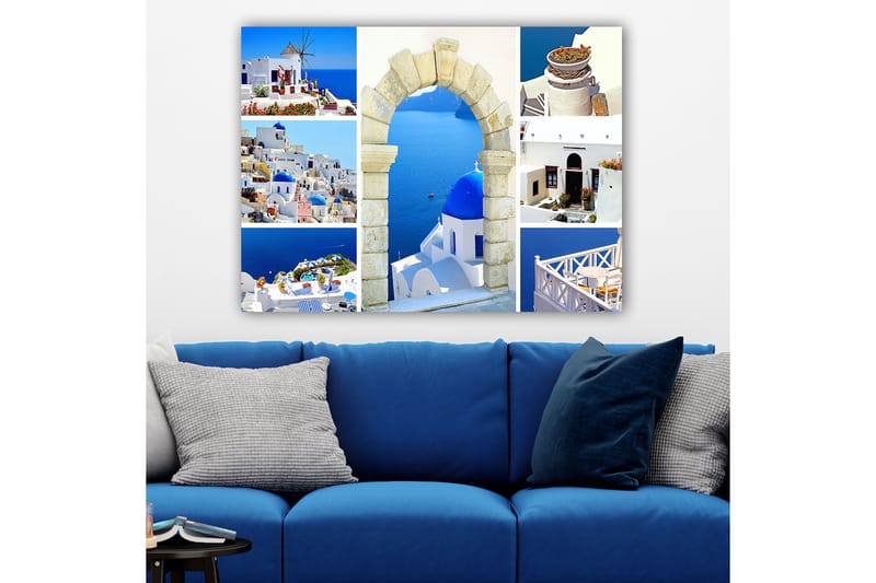 Lærred 70x100 cm - Smuk udsigt over Santorini med hvide huse og blå kupler mod havet - Blå / Hvid / Beige - Boligtilbehør - Billeder & kunst - Billeder på lærred