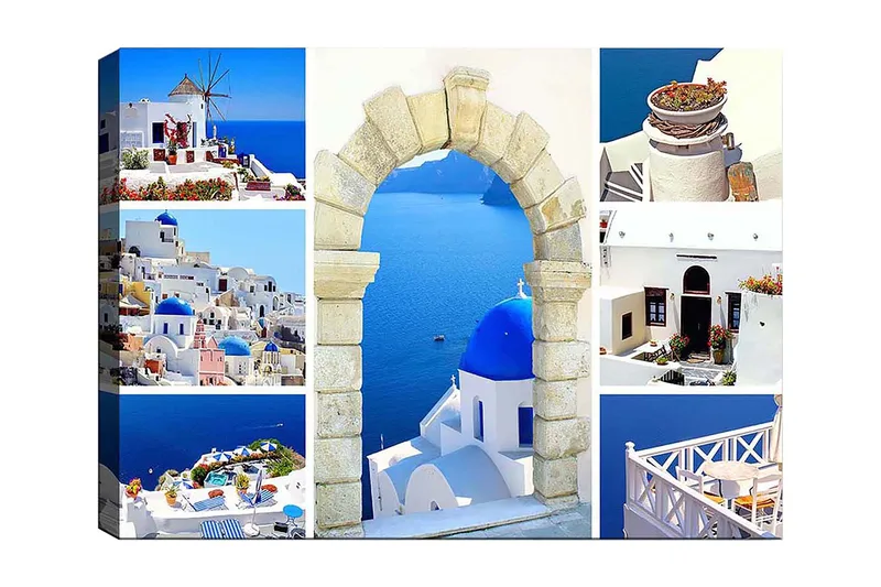 Lærred 70x100 cm - Smuk udsigt over Santorini med hvide huse og blå kupler mod havet, Blå / Hvid / Beige