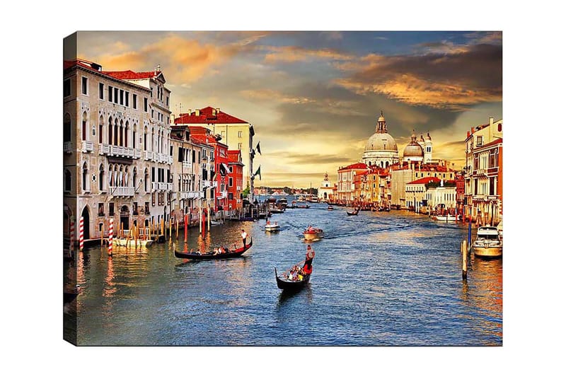 Lærred 70x100 cm - Smuk udsigt over Venedig med gondoler, der glider langs kanalen, og historiske bygninger langs vandet, Blå / Terrakotta / Beige