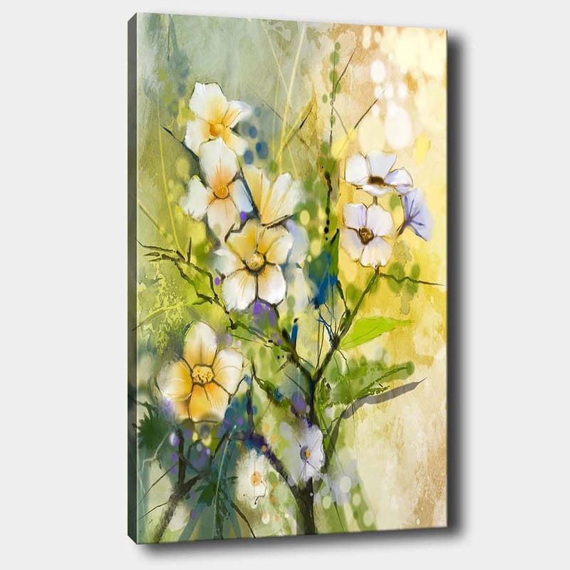 Lærred 70x100 cm - Smukke blomster i en farverig og levende komposition, Gul / Hvid / Grøn