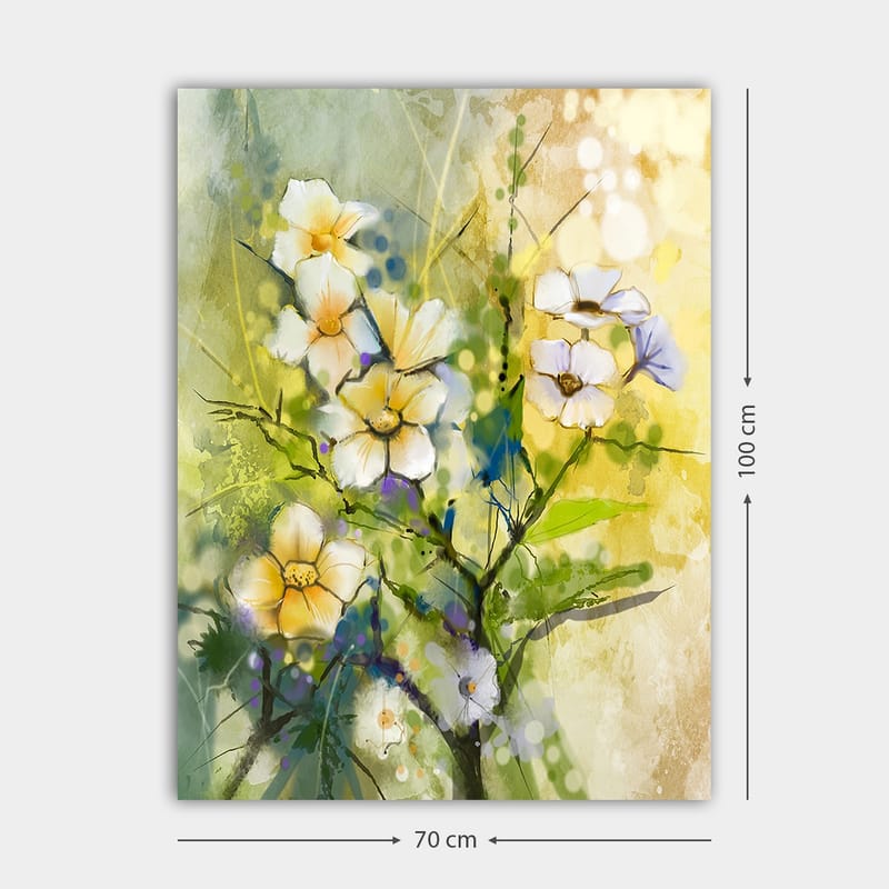 Lærred 70x100 cm - Smukke blomster i en farverig og levende komposition - Gul / Hvid / Grøn - Boligtilbehør - Billeder & kunst - Billeder på lærred