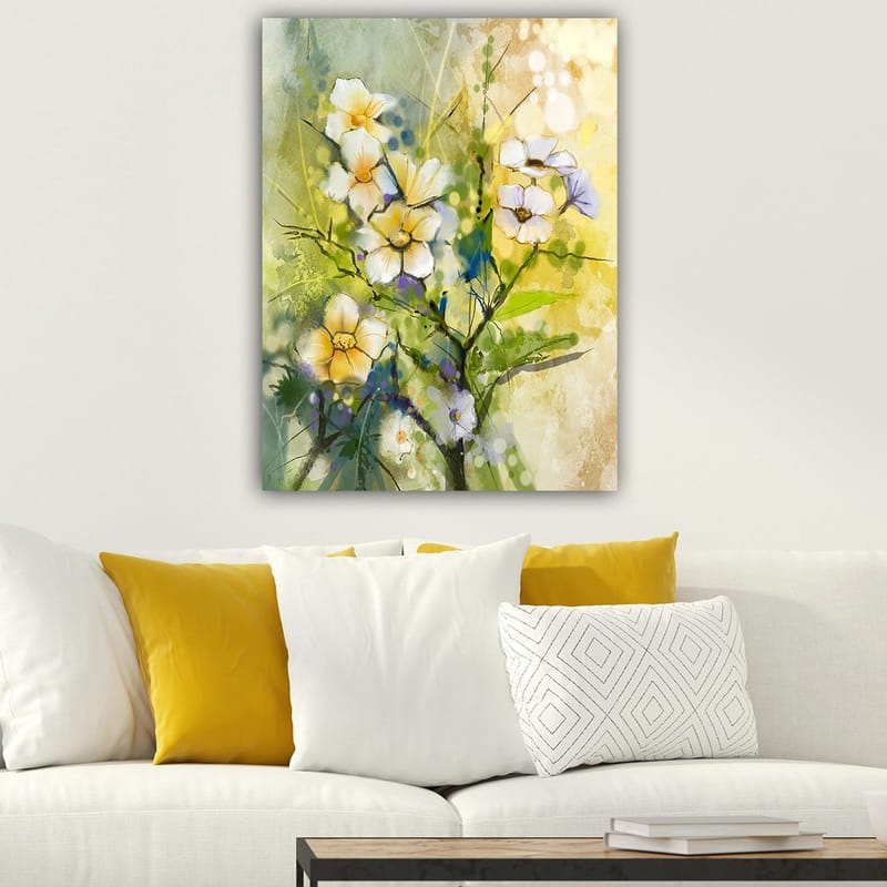 Lærred 70x100 cm - Smukke blomster i en farverig og levende komposition - Gul / Hvid / Grøn - Boligtilbehør - Billeder & kunst - Billeder på lærred