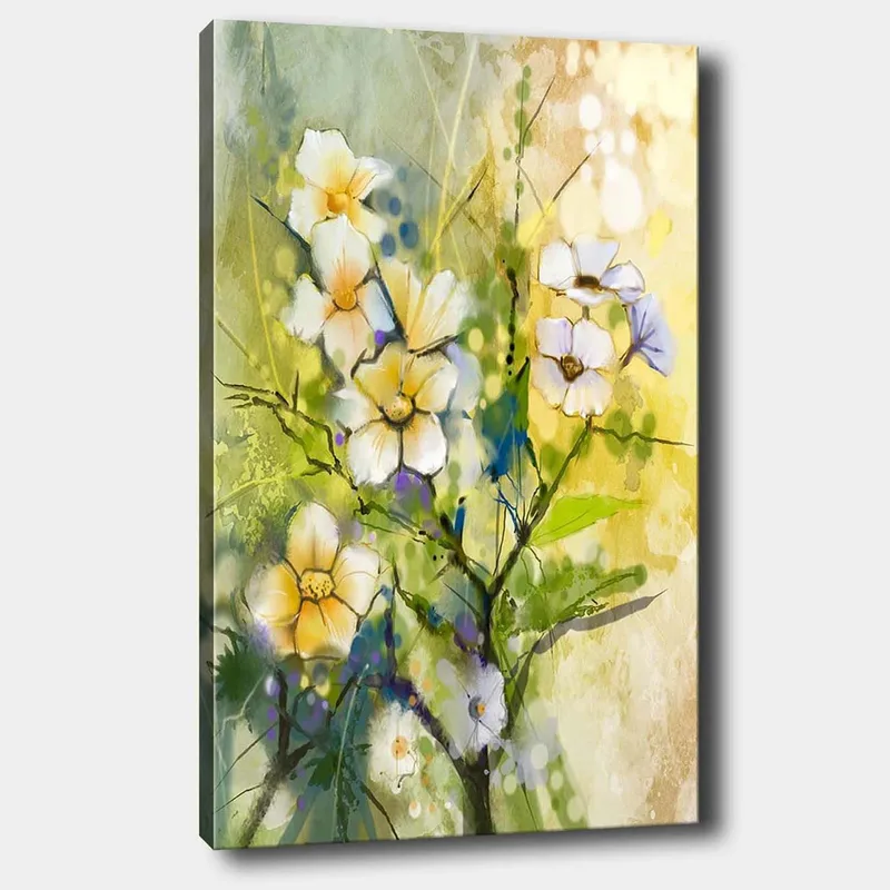 Lærred 70x100 cm - Smukke blomster i en farverig og levende komposition, Gul / Hvid / Grøn