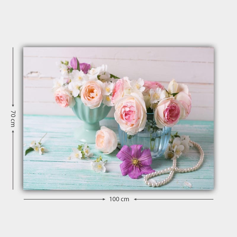Lærred 70x100 cm - Smukke blomster i pastelfarvede skåle med en romantisk stemning - Lys pink / Mintgrøn / Lilla - Boligtilbehør - Billeder & kunst - Billeder på lærred