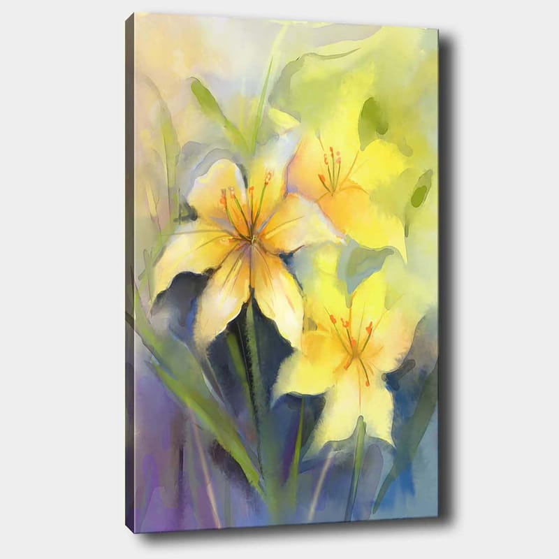 Lærred 70x100 cm - Smukke gule liljer i en blød og farverig komposition, Gul / Grøn / Lilla