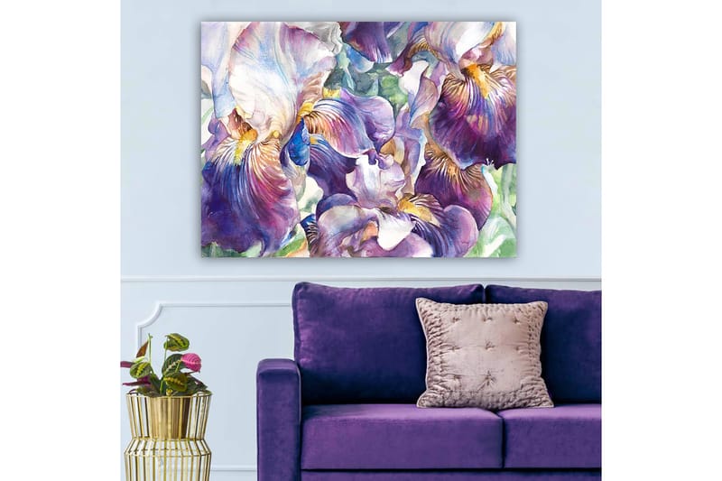 Lærred 70x100 cm - Smukke irisblomster i en farverig komposition - Lilla / Hvid / Gul - Boligtilbehør - Billeder & kunst - Billeder på lærred