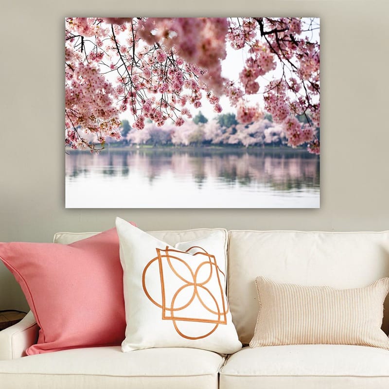 Lærred 70x100 cm - Smukke kirsebærblomster, der flyder over en spejlblank sø - Lys pink / Mørk pink / Grøn - Boligtilbehør - Billeder & kunst - Billeder på lærred