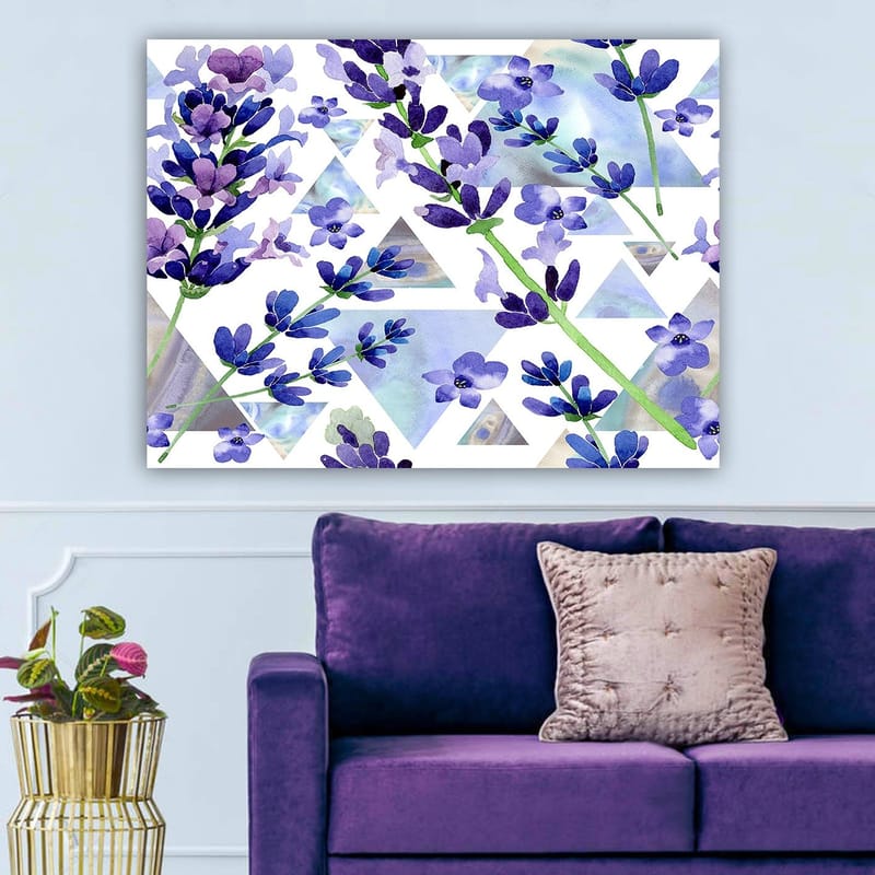 Lærred 70x100 cm - Smukke lavendelblomster i en moderne geometrisk komposition - Lilla / Grøn / Blå - Boligtilbehør - Billeder & kunst - Billeder på lærred