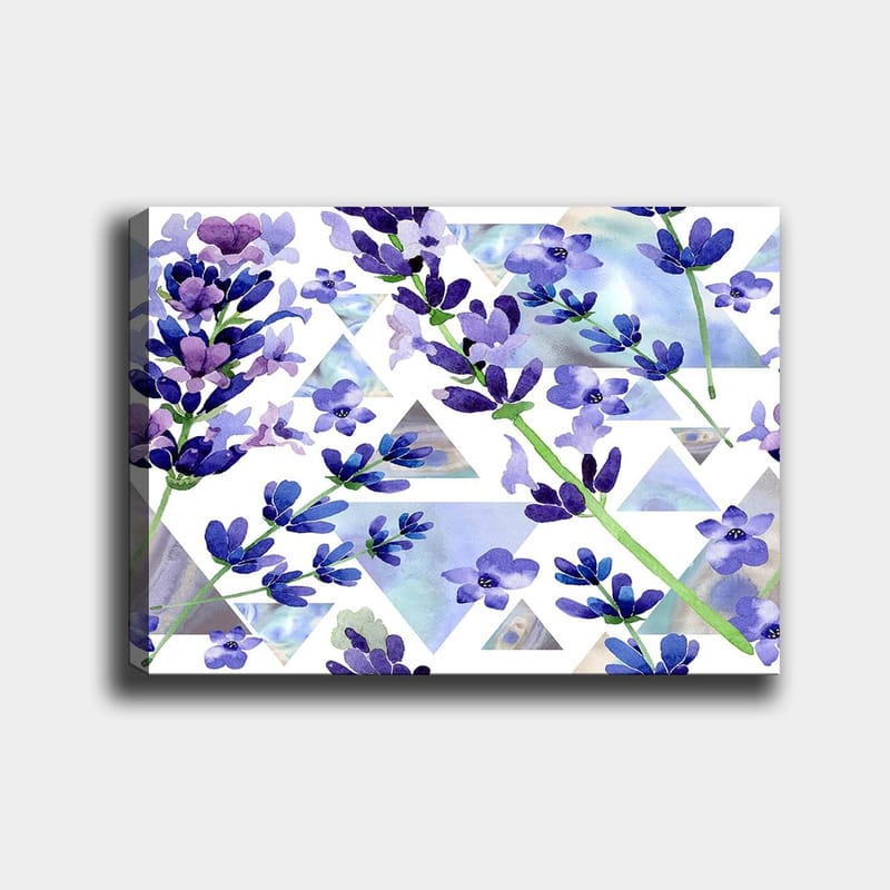 Lærred 70x100 cm - Smukke lavendelblomster i en moderne geometrisk komposition, Lilla / Grøn / Blå