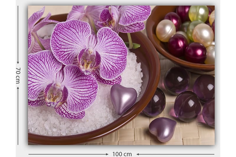 Lærred 70x100 cm - Smukke orkideer i en skål med dekorative elementer - Lilla / Hvid / Lyserød - Boligtilbehør - Billeder & kunst - Billeder på lærred