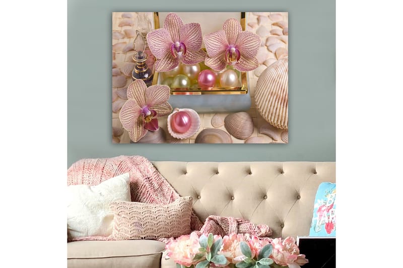 Lærred 70x100 cm - Smukke orkideer og perler i en elegant æske - Lys pink / Grøn / Perlehvid - Boligtilbehør - Billeder & kunst - Billeder på lærred