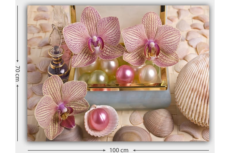 Lærred 70x100 cm - Smukke orkideer og perler i en elegant æske - Lys pink / Grøn / Perlehvid - Boligtilbehør - Billeder & kunst - Billeder på lærred
