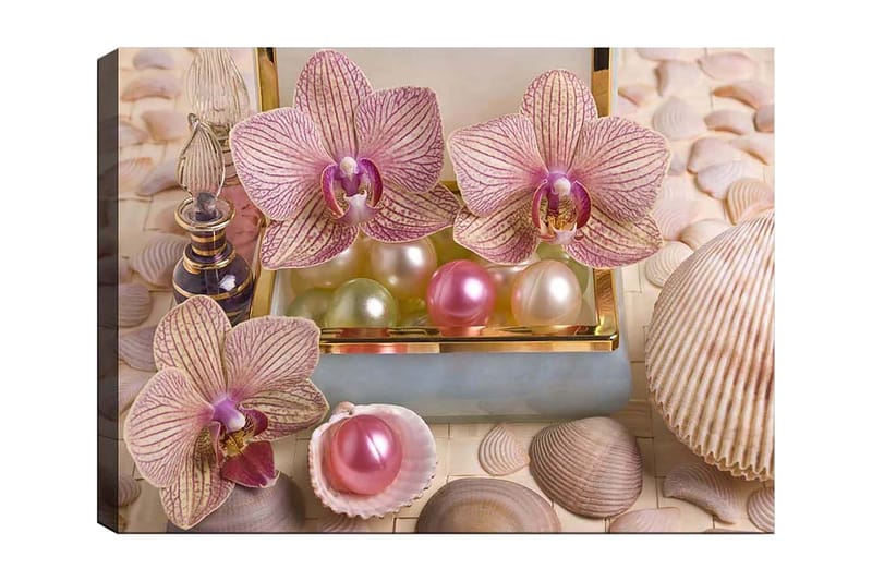 Lærred 70x100 cm - Smukke orkideer og perler i en elegant æske, Lys pink / Grøn / Perlehvid