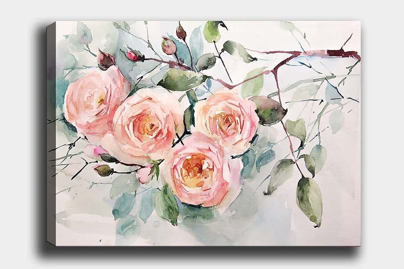 Lærred 70x100 cm - Smukke roser i pastelfarver, der blomstrer med grønt hele vejen rundt, Lys pink / Grøn / Gul