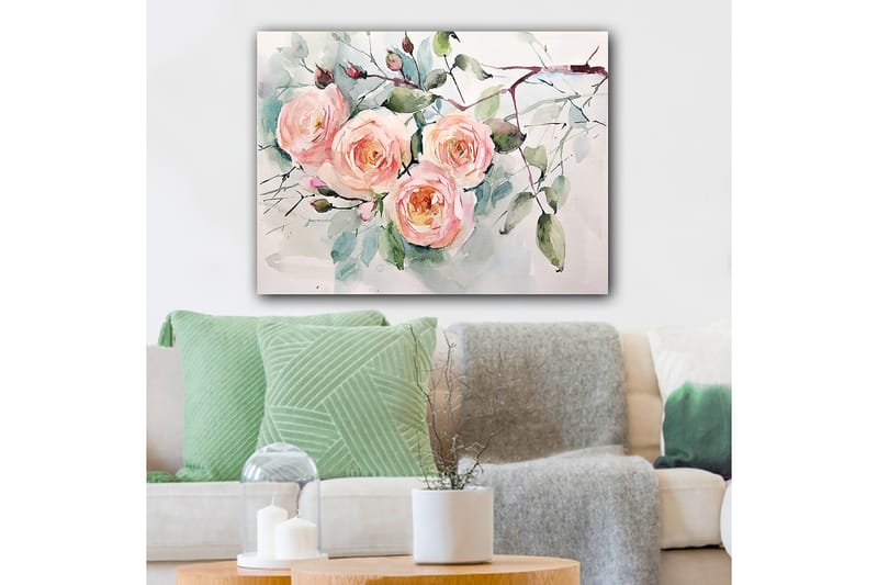 Lærred 70x100 cm - Smukke roser i pastelfarver, der blomstrer med grønt hele vejen rundt - Lys pink / Grøn / Gul - Boligtilbehør - Billeder & kunst - Billeder på lærred