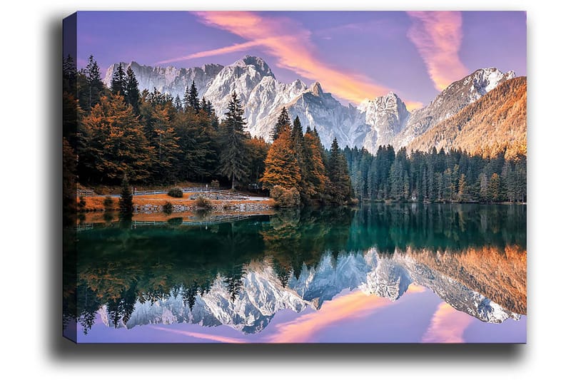 Lærred 70x100 cm - Smukt bjerglandskab med spejling i en sø og farverige efterårstræer, Grøn / Orange / Lilla