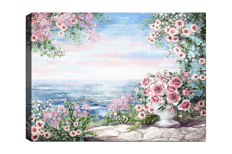 Lærred 70x100 cm - Smukt blomsterbed med en stor vase fyldt med roser, stående ved havudsigt under en klar himmel, Lyserød / Grøn / Blå