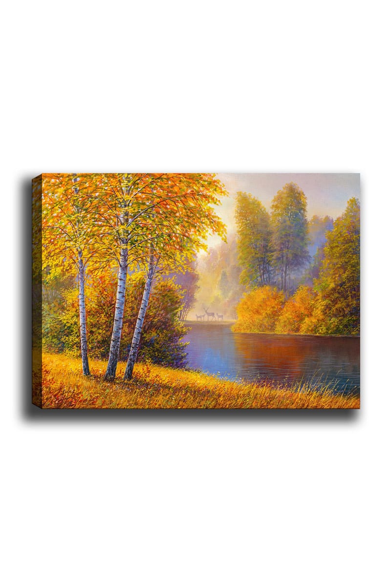 Lærred 70x100 cm - Smukt efterårslandskab med birketræer ved en stille sø, Gyldenorange / Grøn / Blå