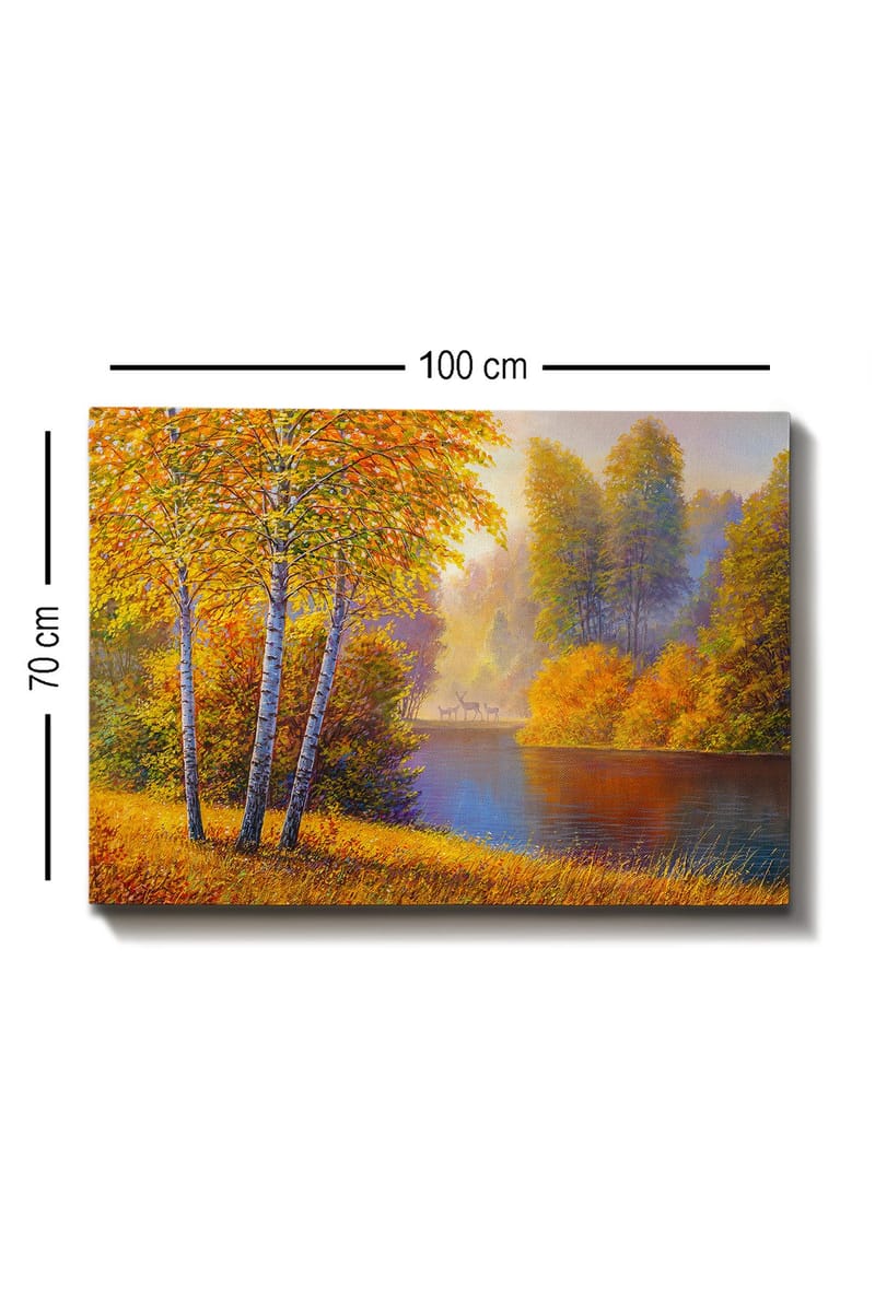 Lærred 70x100 cm - Smukt efterårslandskab med birketræer ved en stille sø - Gyldenorange / Grøn / Blå - Boligtilbehør - Billeder & kunst - Billeder på lærred