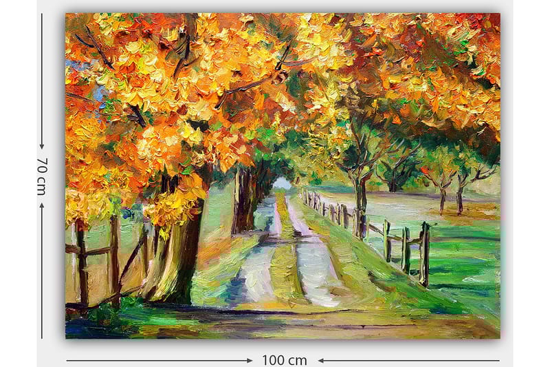 Lærred 70x100 cm - Smukt efterårslandskab med farverige træer langs en grusvej - Orange / Grøn / Brun - Boligtilbehør - Billeder & kunst - Billeder på lærred