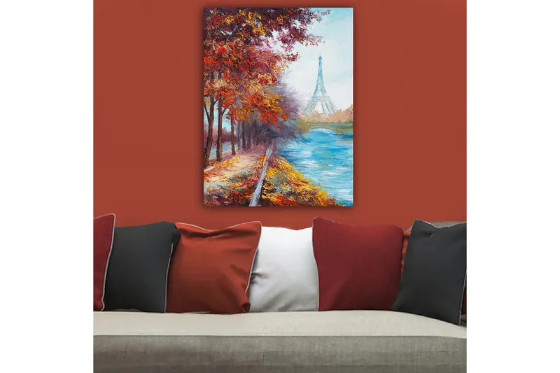 Lærred 70x100 cm - Smukt efterårsscene med Eiffeltårnet i baggrunden, omgivet af farverige træer og en glitrende flod - Rød / Blå / Orange - Boligtilbehør - Billeder & kunst - Billeder på lærred