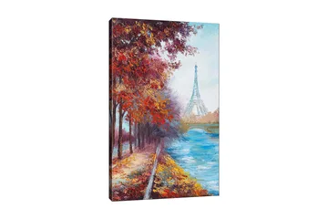 Lærred 70x100 cm - Smukt efterårsscene med Eiffeltårnet i baggrunden, omgivet af farverige træer og en glitrende flod - Rød / Blå / Orange - Boligtilbehør - Billeder & kunst - Billeder på lærred