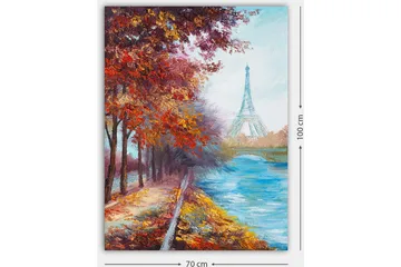 Lærred 70x100 cm - Smukt efterårsscene med Eiffeltårnet i baggrunden, omgivet af farverige træer og en glitrende flod - Rød / Blå / Orange - Boligtilbehør - Billeder & kunst - Billeder på lærred