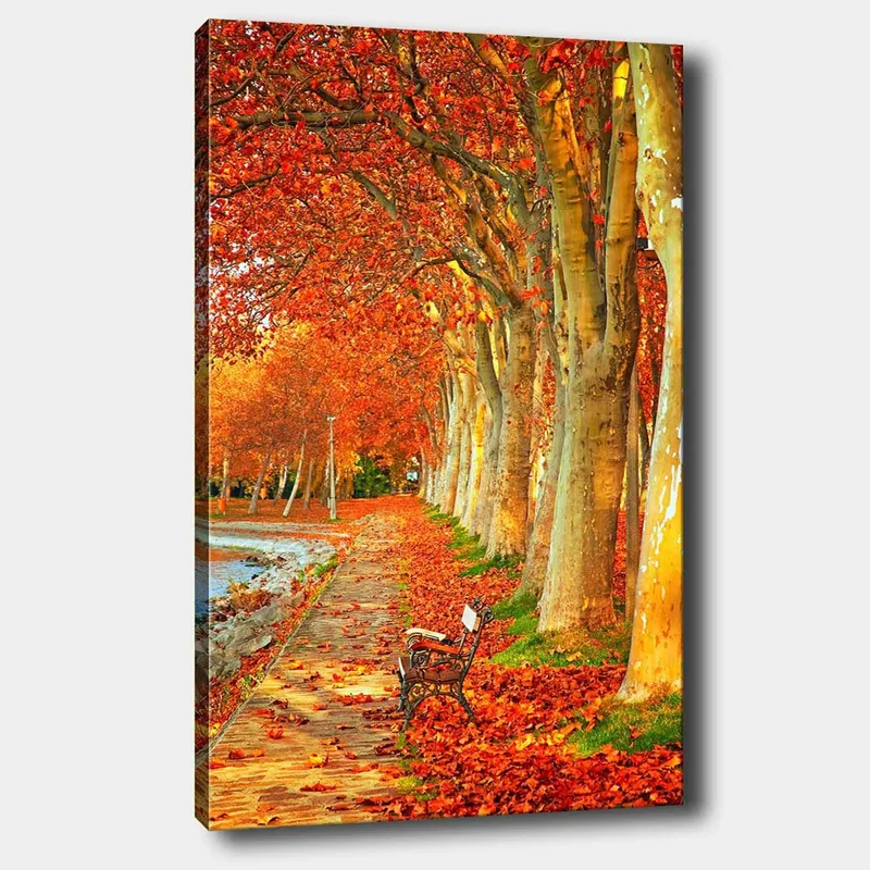 Lærred 70x100 cm - Smukt efterårsscene med en bænk langs en allé af træer med funklende røde og orange blade, Rød / Orange / Gul