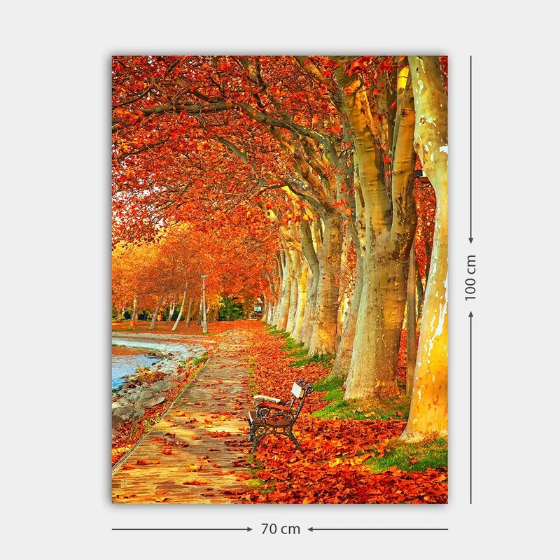 Lærred 70x100 cm - Smukt efterårsscene med en bænk langs en allé af træer med funklende røde og orange blade - Rød / Orange / Gul - Boligtilbehør - Billeder & kunst - Billeder på lærred