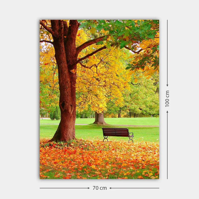 Lærred 70x100 cm - Smukt efterårsscene med en bænk under et farverigt træ - Gyldengul / Orange / Brun - Boligtilbehør - Billeder & kunst - Billeder på lærred