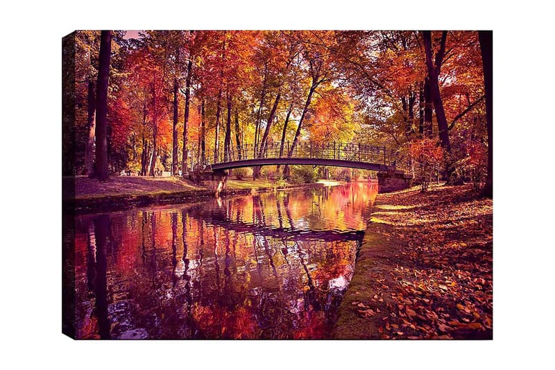 Lærred 70x100 cm - Smukt efterårsscene med en bro, der spænder over en spejlblank vandoverflade omgivet af farverige træer, Orange / Rød / Gul