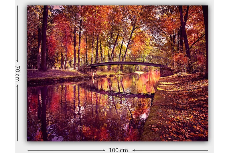 Lærred 70x100 cm - Smukt efterårsscene med en bro, der spænder over en spejlblank vandoverflade omgivet af farverige træer - Orange / Rød / Gul - Boligtilbehør - Billeder & kunst - Billeder på lærred