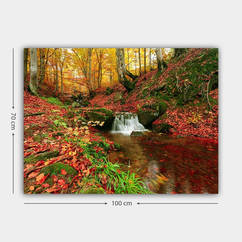 Lærred 70x100 cm - Smukt efterårsscene med en rislende bæk omgivet af farverige løvfældende træer - Orange / Rød / Grøn - Boligtilbehør - Billeder & kunst - Billeder på lærred