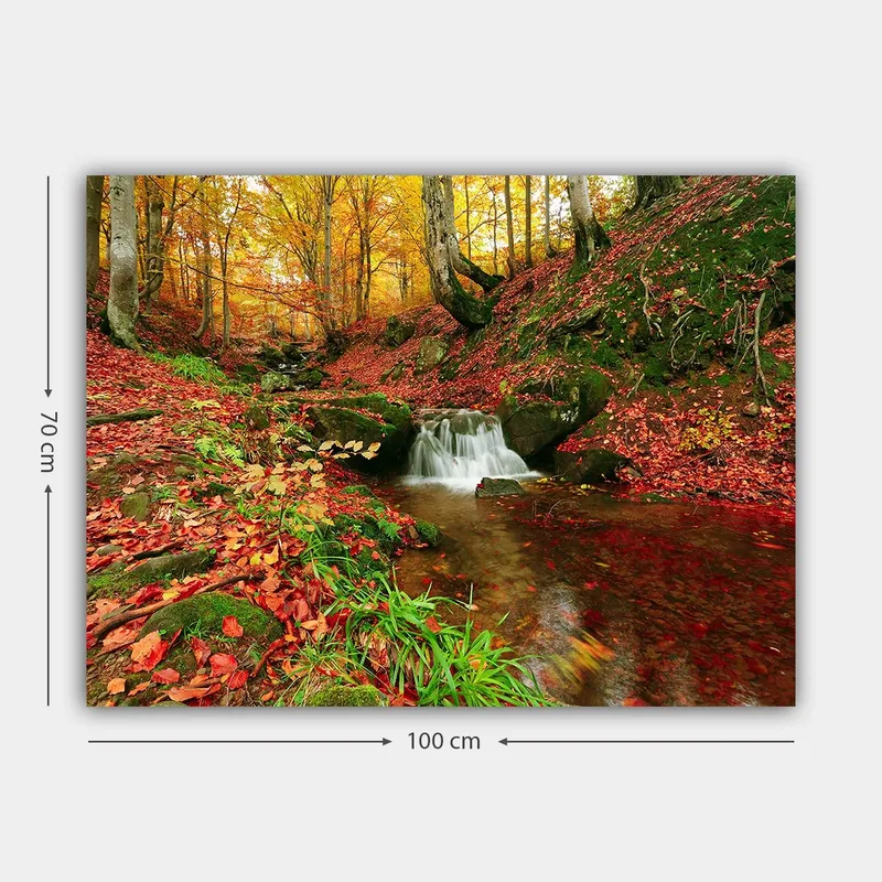 Lærred 70x100 cm - Smukt efterårsscene med en rislende bæk omgivet af farverige løvfældende træer - Orange / Rød / Grøn - Boligtilbehør - Billeder & kunst - Billeder på lærred