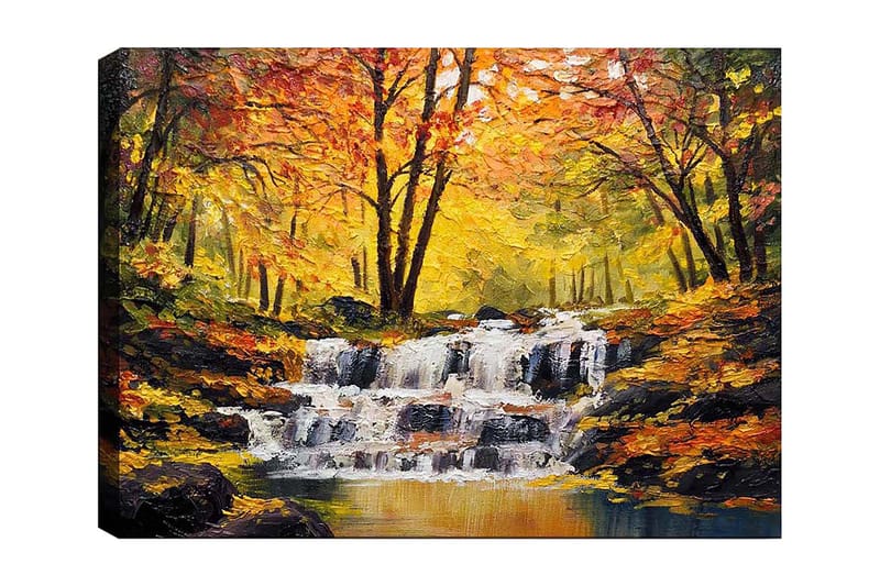 Lærred 70x100 cm - Smukt efterårsscene med et rislende vandfald omgivet af farverige træer i gult og orange - Gul / Orange / Brun - Boligtilbehør - Billeder & kunst - Billeder på lærred