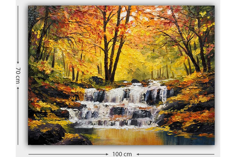 Lærred 70x100 cm - Smukt efterårsscene med et rislende vandfald omgivet af farverige træer i gult og orange - Gul / Orange / Brun - Boligtilbehør - Billeder & kunst - Billeder på lærred
