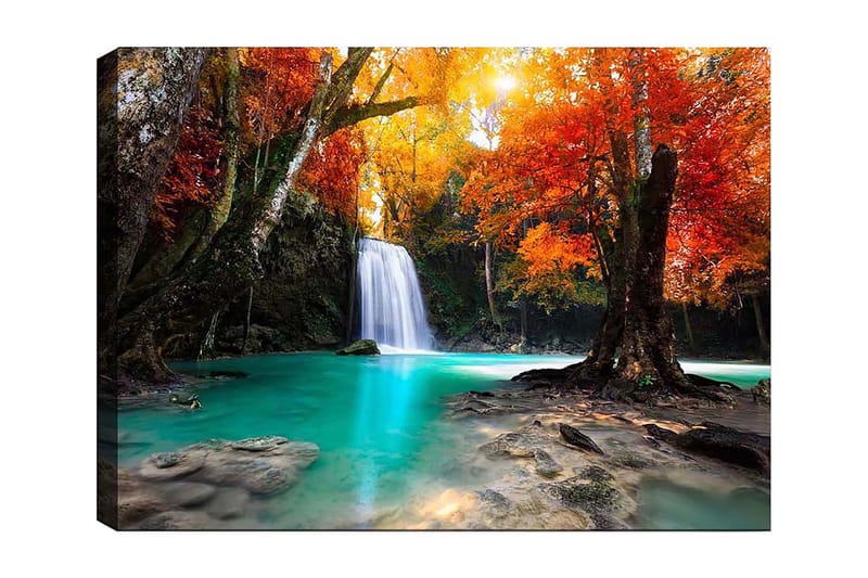 Lærred 70x100 cm - Smukt efterårsscene med et vandfald omgivet af farverige træer i orange og røde nuancer - Turkis / Orange / Rød - Boligtilbehør - Billeder & kunst - Billeder på lærred
